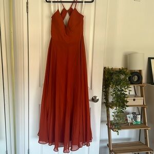 Azazie burnt orange floor length bridesmaids dress!